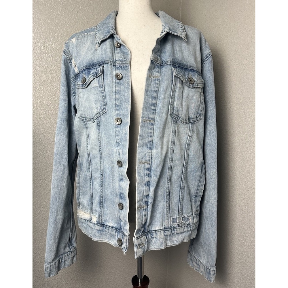 Topman Denim Jacket Mens XL Light Wash Distressed Trucker Grunge Streetwear